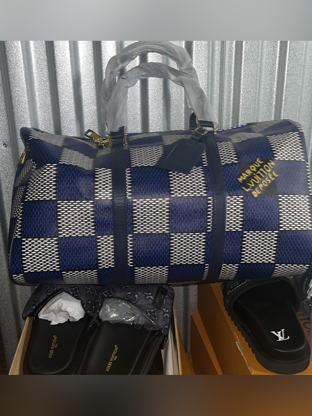 Unbranded Navy & White Checkered Duffel Bag - Men's Travel Bag unisex